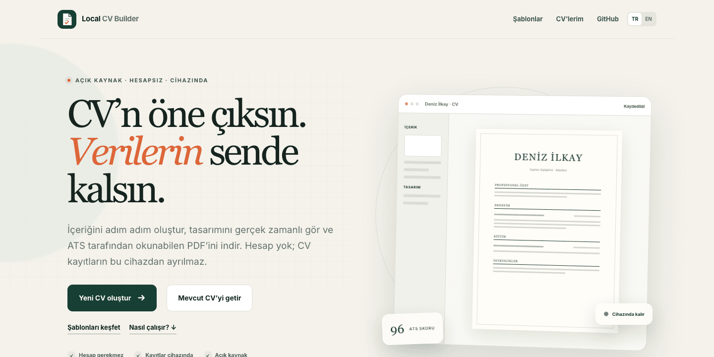 Local CV Builder ana sayfası, marka mesajı ve gerçek zamanlı CV önizlemesi